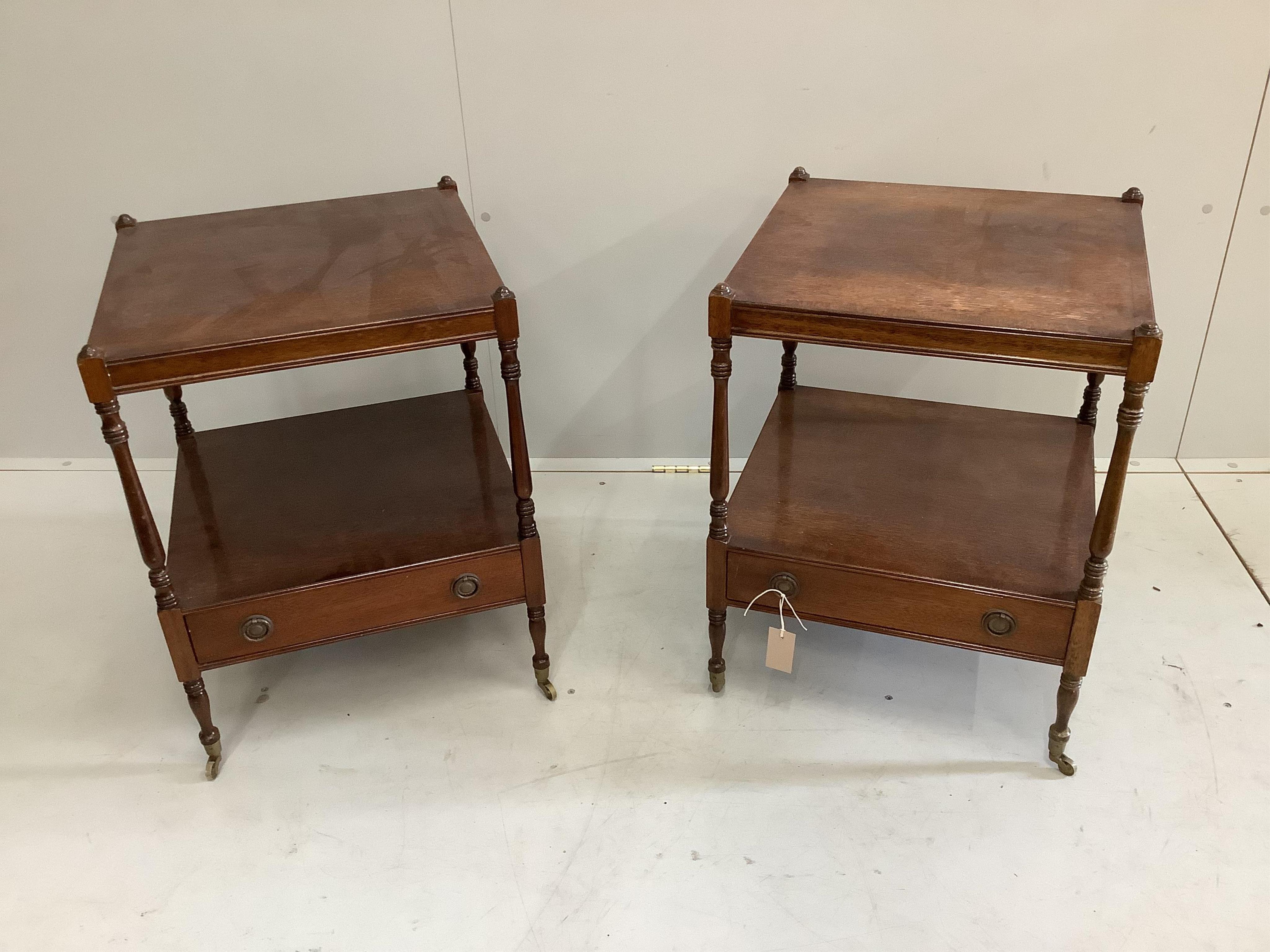 A pair of reproduction mahogany two tier occasional tables, width 45cm, depth 45cm, height 60cm. Condition - fair